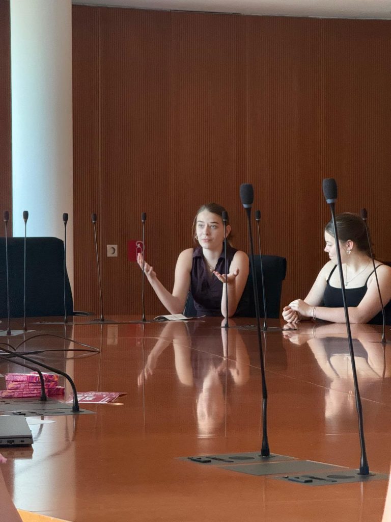 Schülerinnen und Schüler sitzen an Konferenztisch